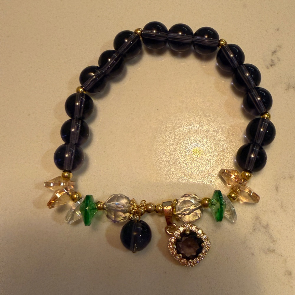 Handmade Amethyst Beaded Bracelet with Green and Clear Accents